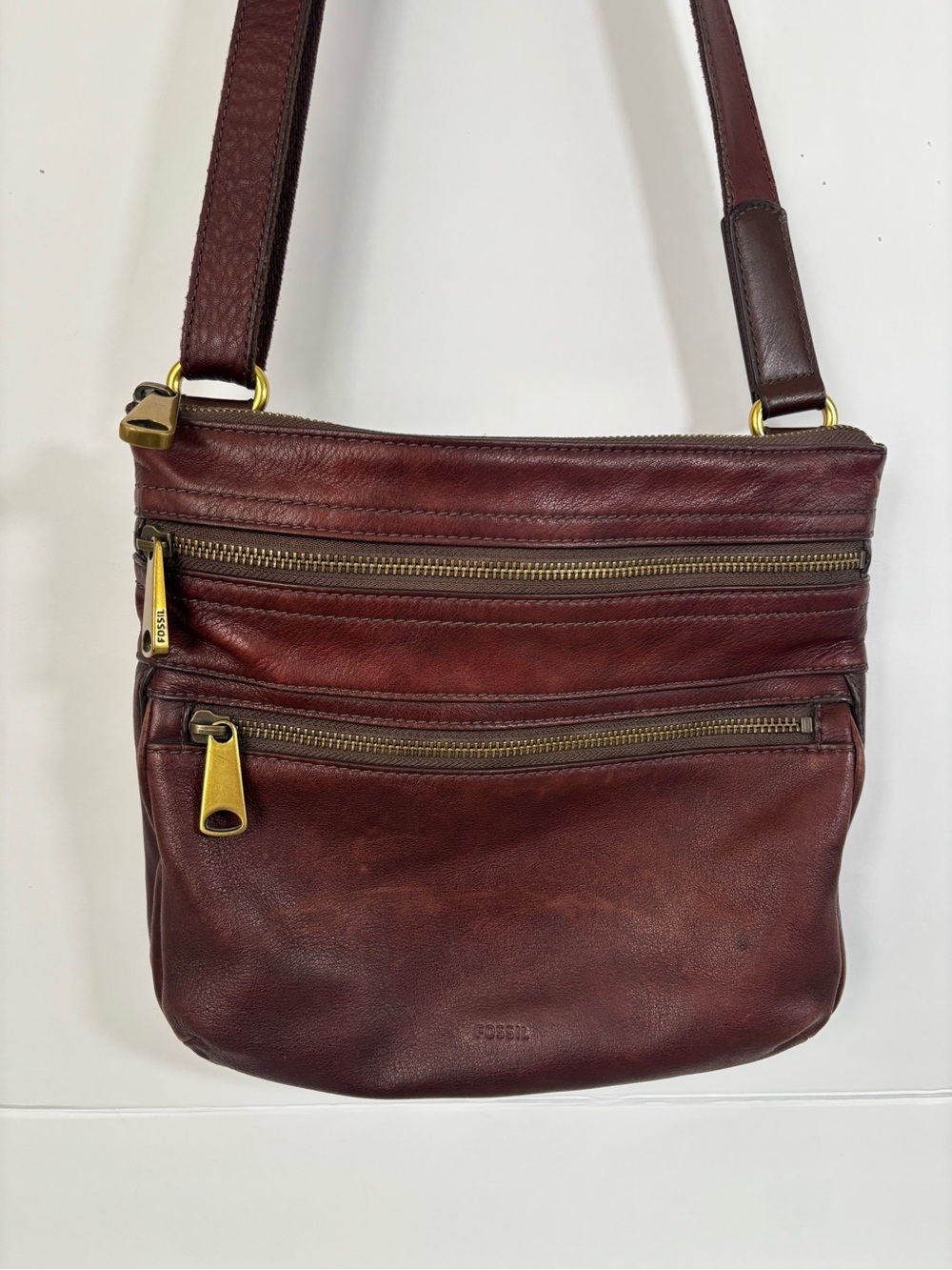 Fossil Vintage Leather Crossbody Bag Burgundy Distressed Leather Multi Zip Purse
